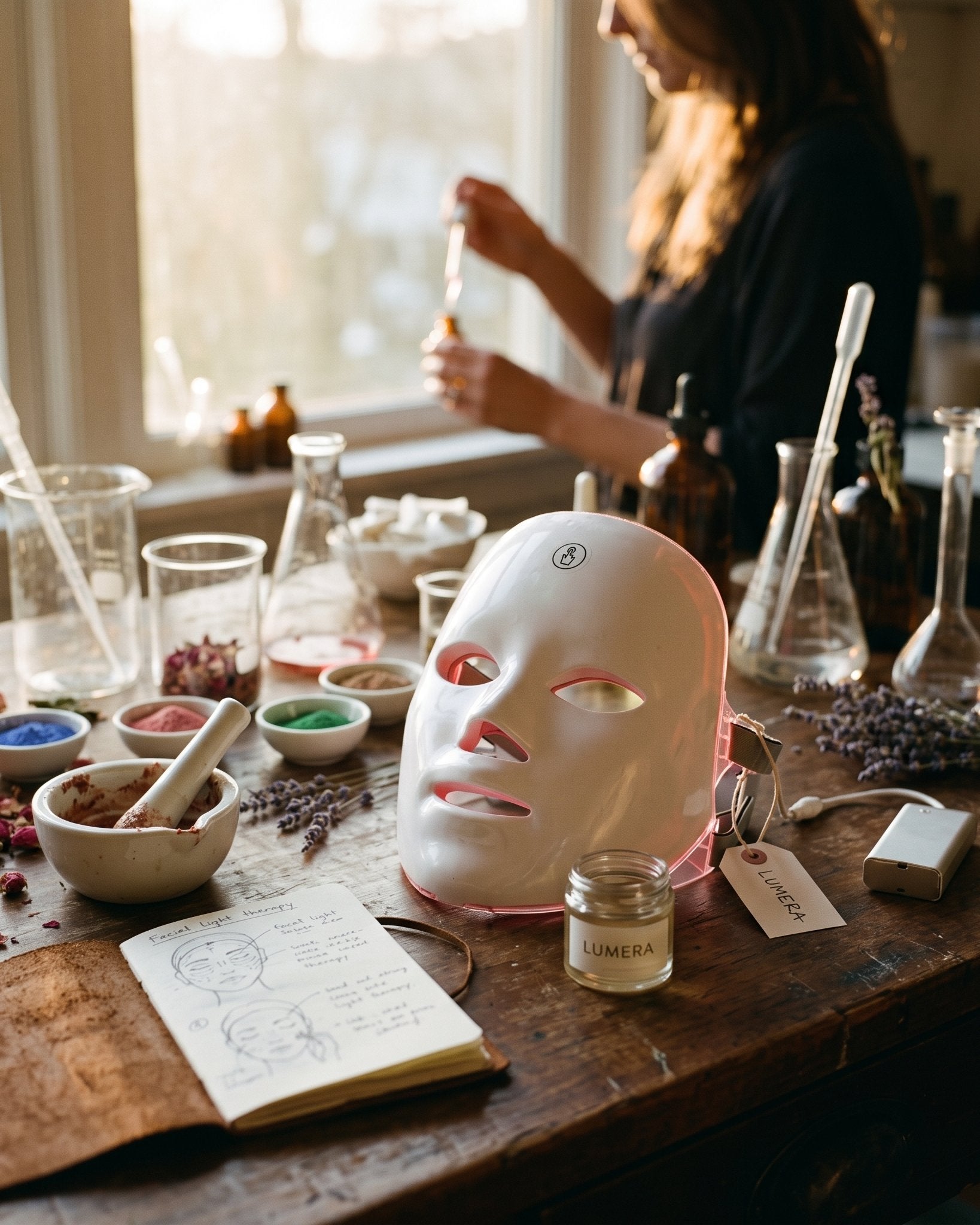 Masque LED LUMERA sur un plan de travail, au milieu de flacons de soin