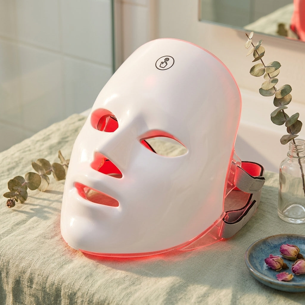 Masque LED LUMERA allumé en rouge, posé sur une table de salle de bain