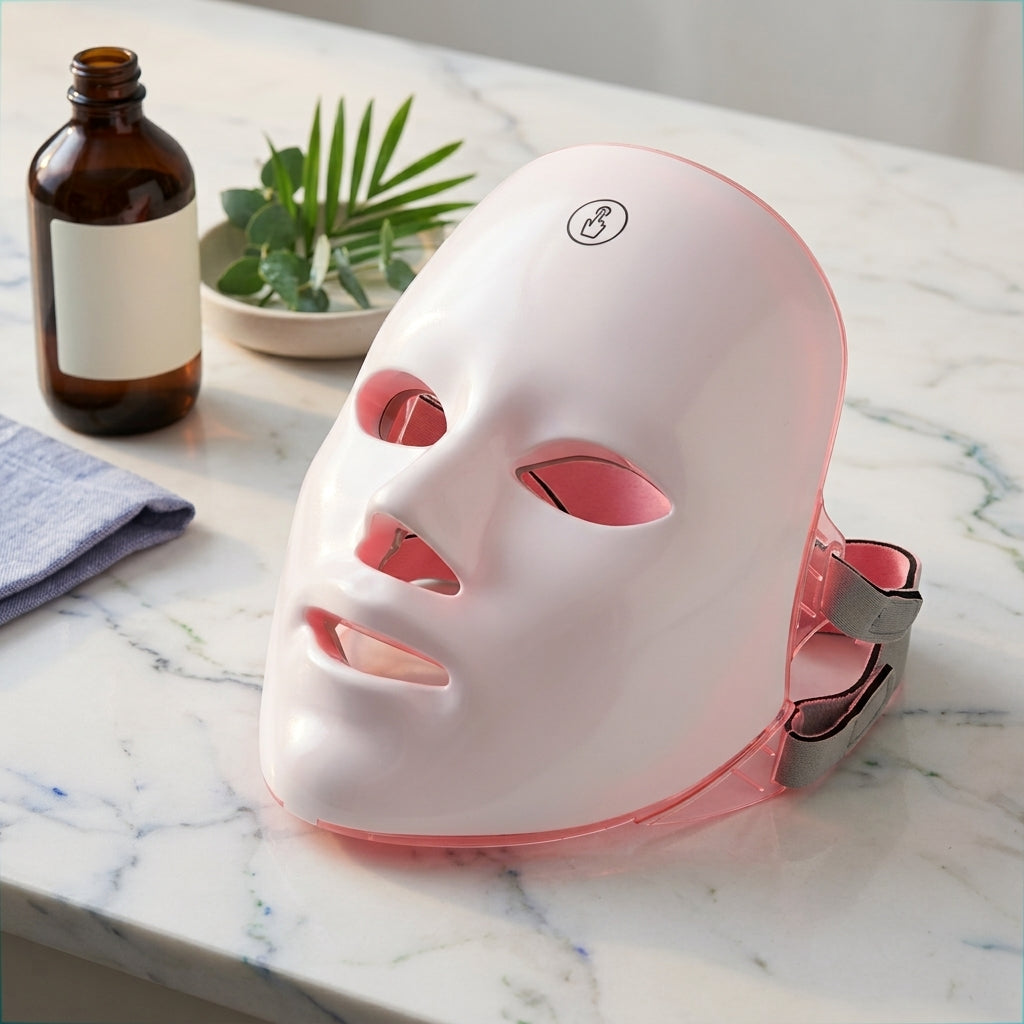 Masque LED LUMERA sur un plan en marbre, à côté de flacons de soin
