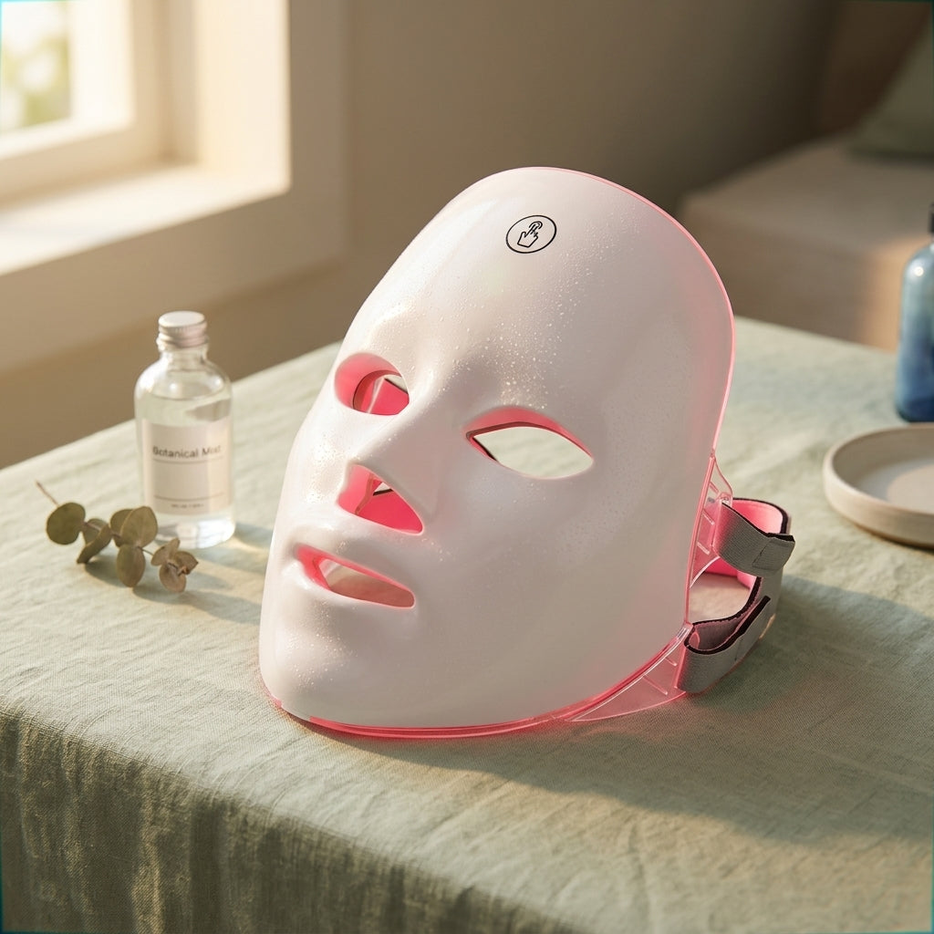 Masque LED LUMERA posé près d une fenêtre, lumière du jour